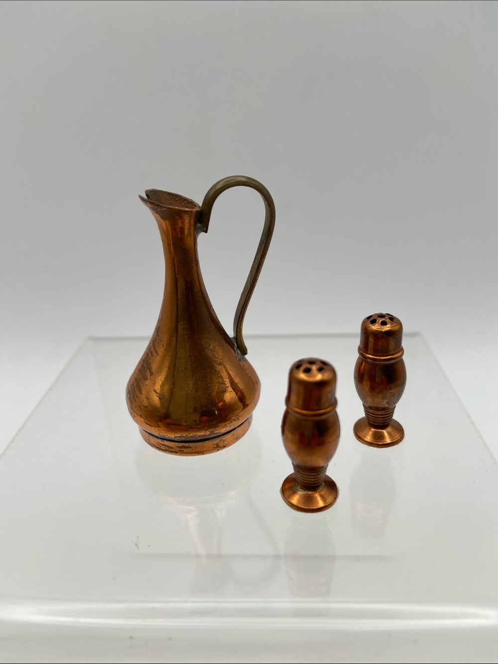 Vintage Miniature Copper Pitcher and Salt & Pepper Shakers Set of 3 Collectible